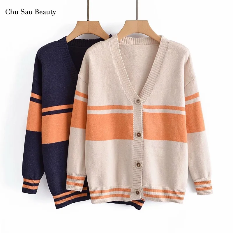 

Chu Sau Beauty 2021 Women's Color-Blocking Single-Breasted Knitted Cardigan Simple Casual Autumn And Winter Long-Sleeved Jacket