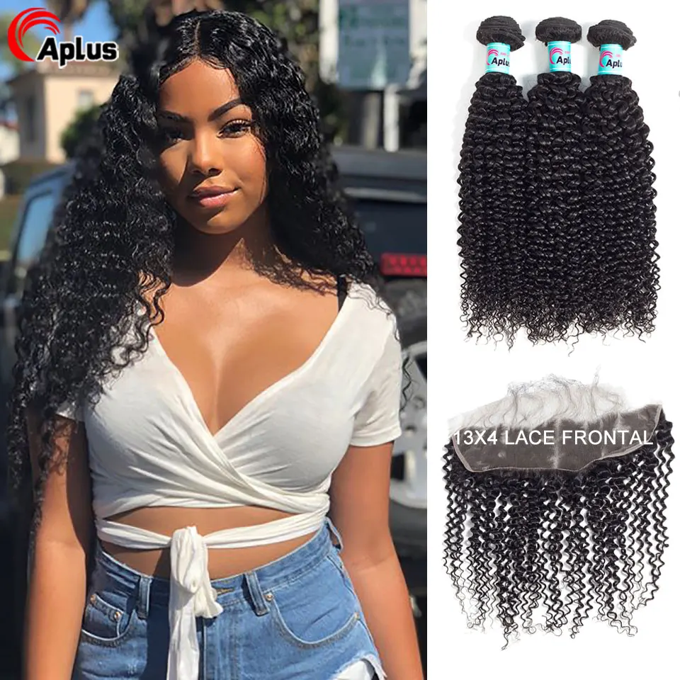 Кудрявый вьющиеся пряди с фронтальной 13x4 ухо кружева перуанские Волосы Remy