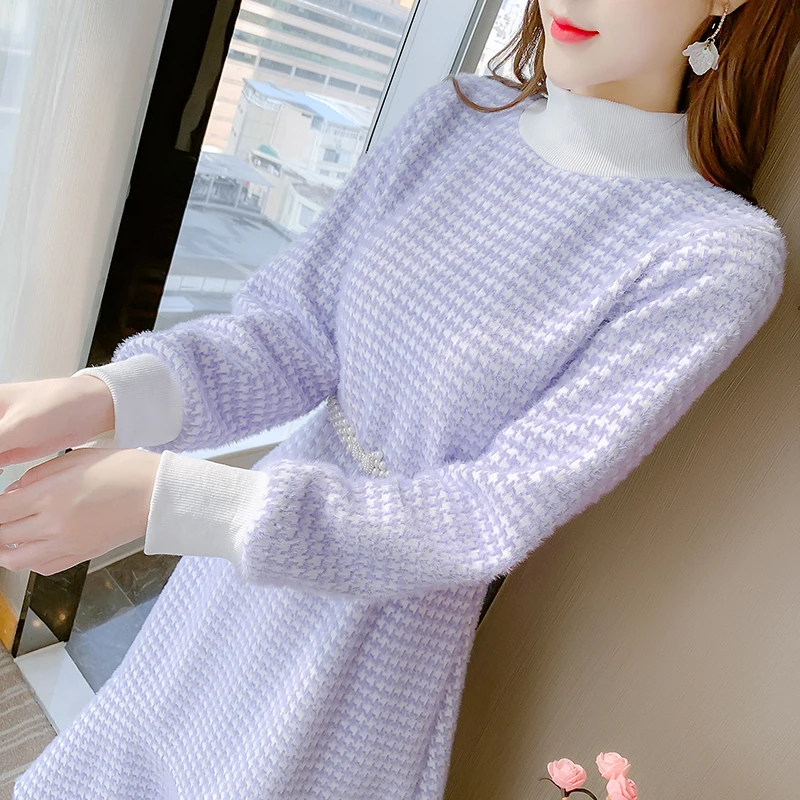 

COIGARSAM Women One Piece Dress Winter 2021 Office Lady Korea Style Knitting Sleeve O-Neck High Waist Long Dresses