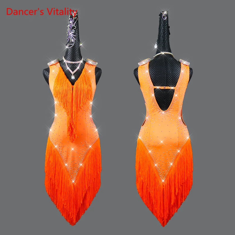 

Latin Dance Competition Clothing Sleeveless Fringed Skirt Fashionable High-end Custom Female Adult Performance Clothes