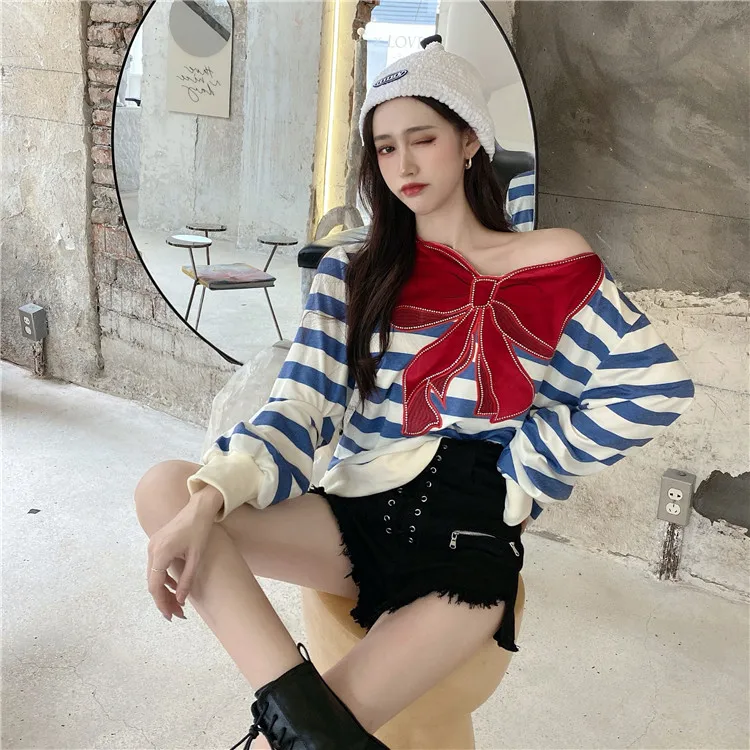 

GRUIICEEN autumn new fashion woman t shirt with long sleeve stripe embroidery diamonds bowknot tee shirts