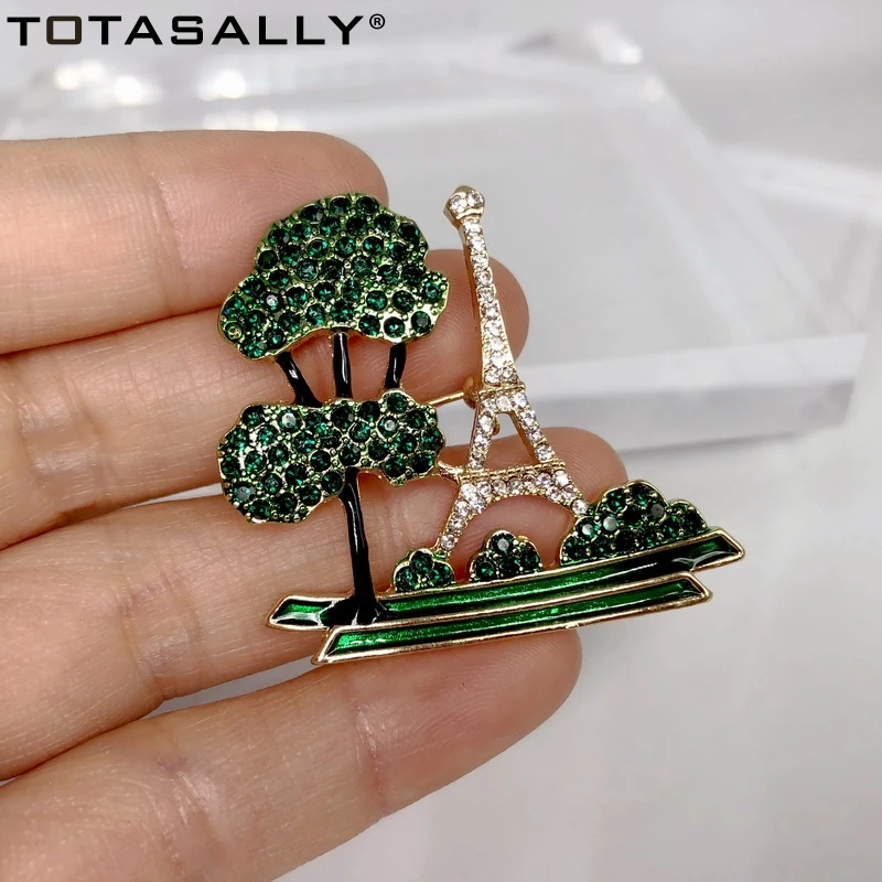 

TOTASALLY New Fashion Enamel Pin Brooch for Women Designer Green Rhinestone Tree La Tour Eiffel Pins Scarf Holders Dropship