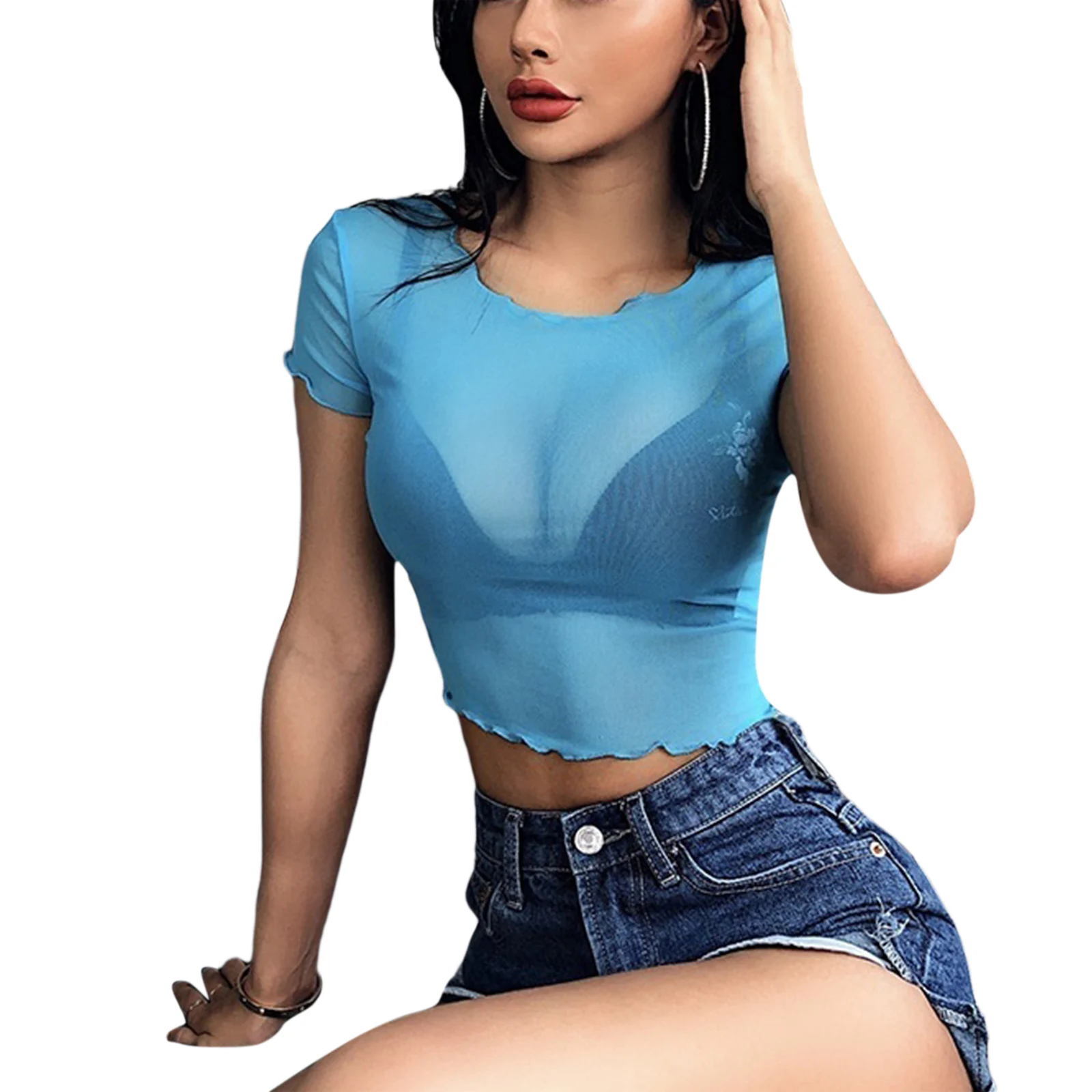 

Sexy Mesh Sheer T-Shirt Women See-through Transparent Casual Crop Tops Fashion Summer Holiday Night Club Party Streetwear