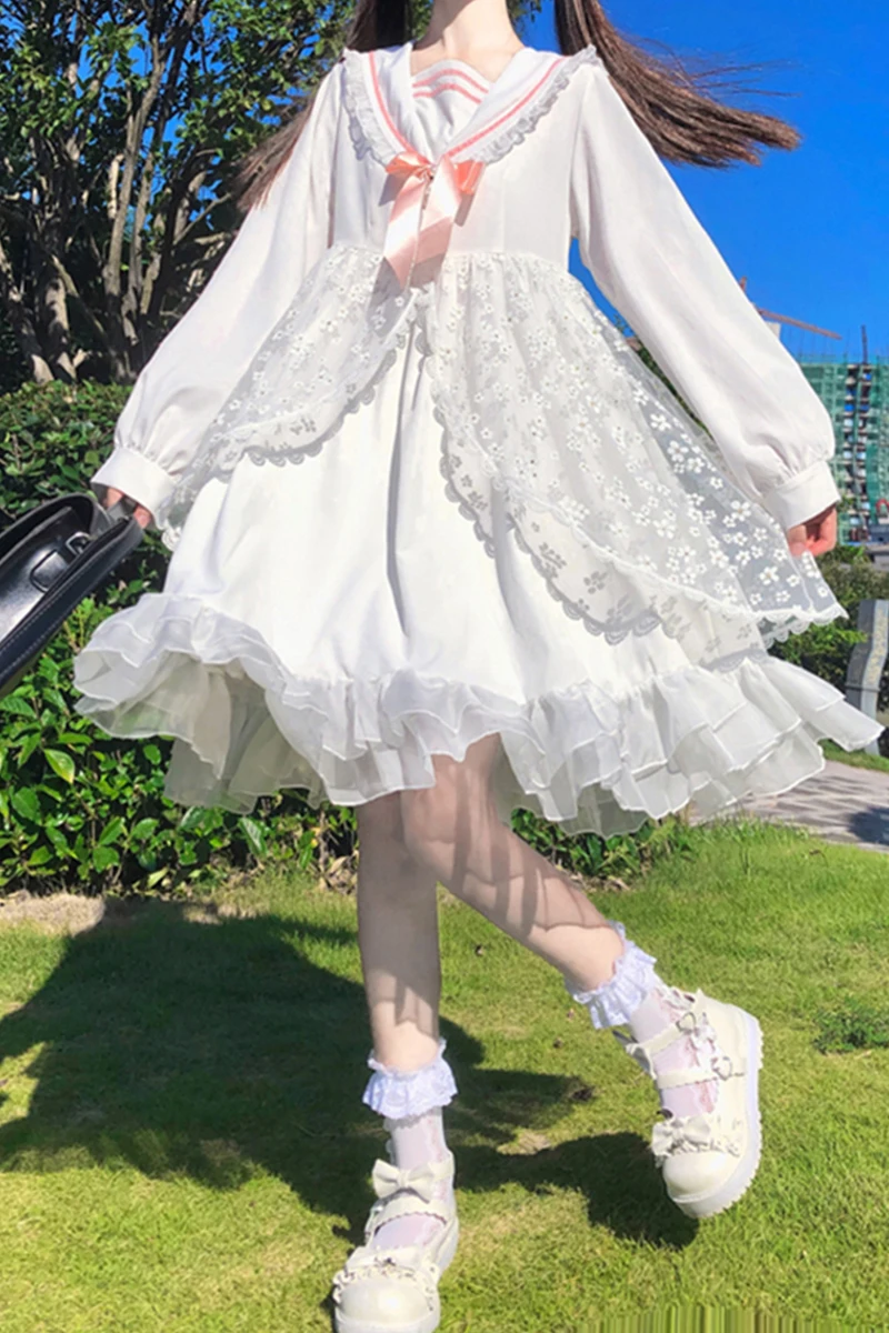 

Mesh Dress Cute Kawaii Layered Ruffles Fairy Dresses Lolita Style Women White Princess Dress Sailor Collar Bow Floral