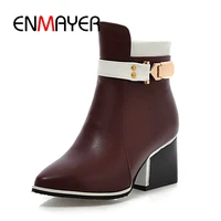 enmayer top quality women fashion square heel pointed toe ankle lady buckle strap zipper color block shoes woman boots