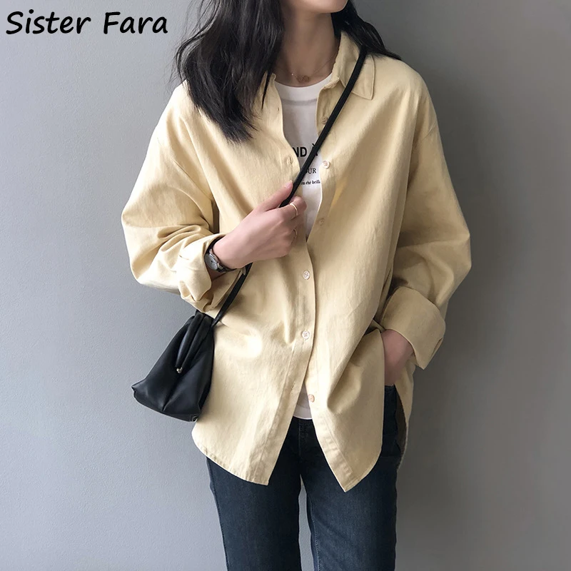 

Женская Однотонная рубашка Sister Fara, элегантная свободная однобортная блузка с воротником с отложным воротником, осенняя Повседневная Дамск...