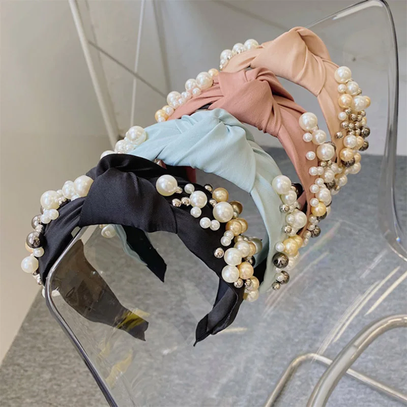 

New Fashion Women Wide Side Headband Mix Pearls knotted hair band