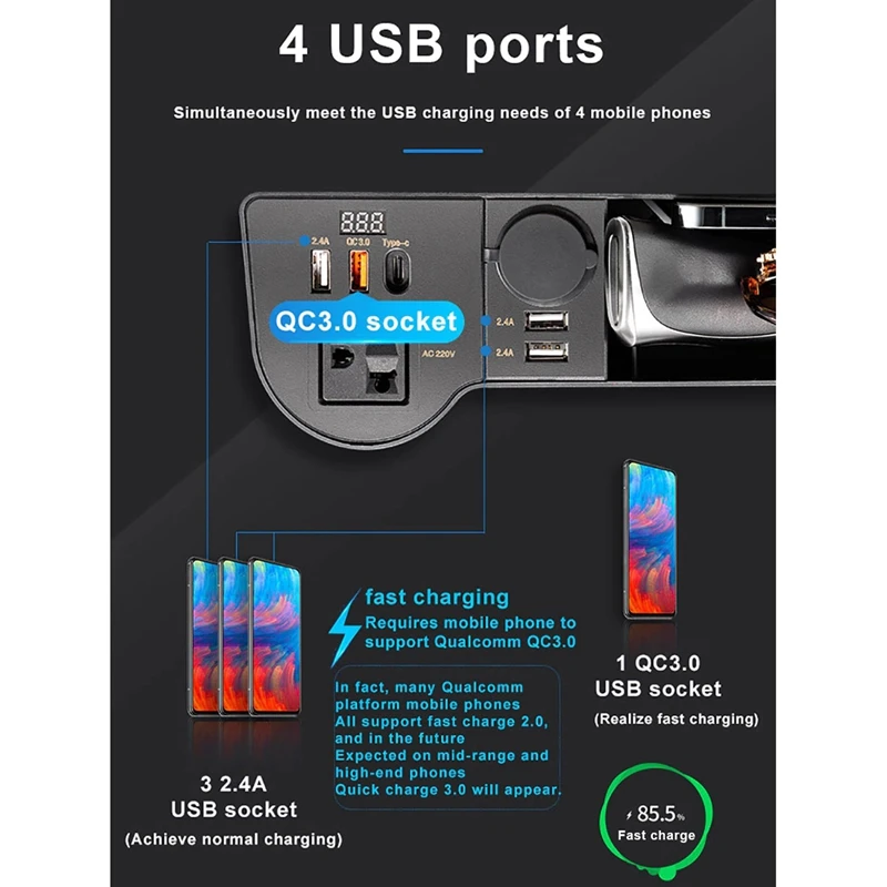 Скидка Органайзер для автомобильных сидений, 12 В до 220 В, боковой контейнер для хранения со светодиодный ным дисплеем напряжения и портами USB Type-C QC3.0