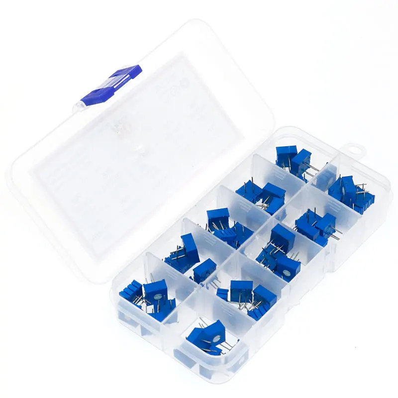 

50pcs 3386P series 100R 200 500R 1K 2K 5K 10K 20K 50K 100K 500K multi-turn potentiometer Variable resistors With box set