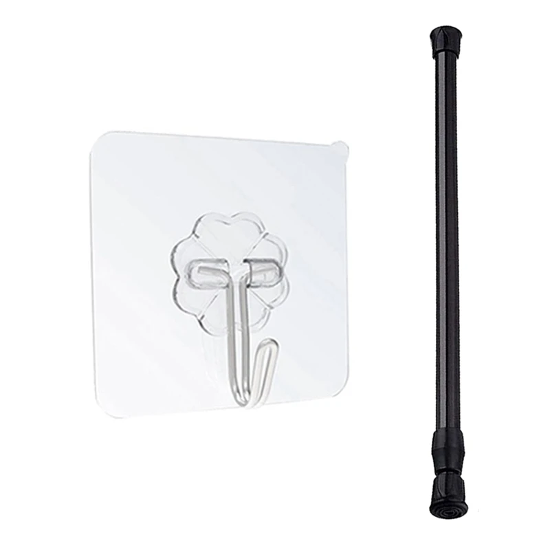 

20 шт. водонепроницаемые самоклеящиеся крючки и 3 шт. натяжных стержня, черные Пружинные стержни для штор