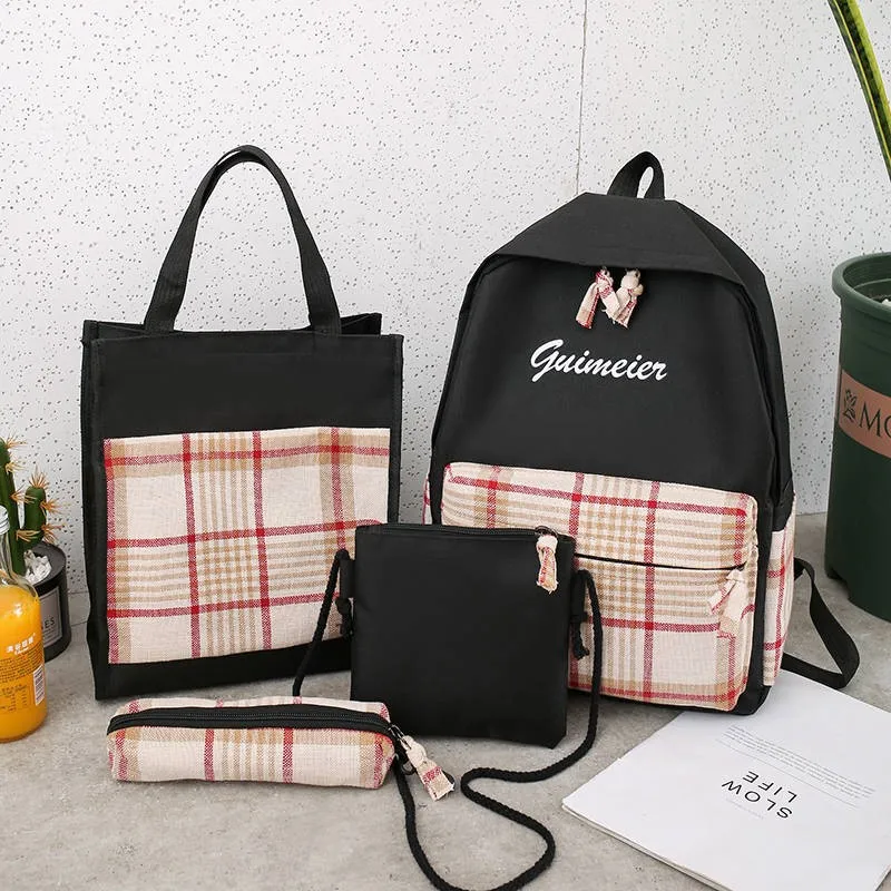 4 шт./компл. Школьный рюкзак холщовые сумки в клетку Студенческая дорожная сумка
