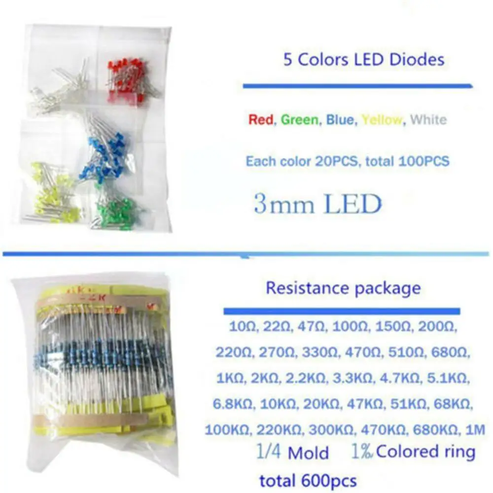 1390 Piece Electronic Component Led Diode Capacitor Resistance Kit Diodes Transistor Electrolytic Capacitors Resistors | Автомобили и