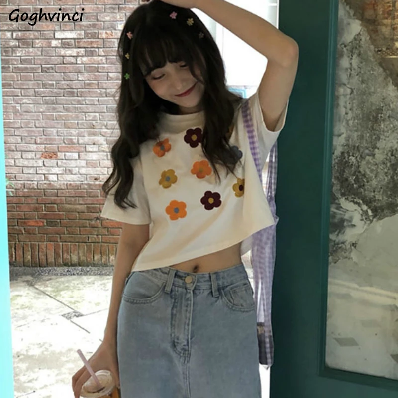 

Женская футболка с коротким рукавом, цветочный укороченный топ в Корейском стиле Ulzzang BF Tshirs