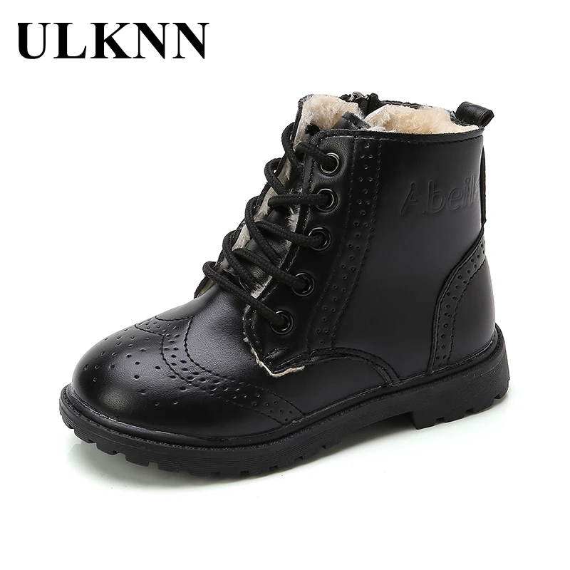 

ULKNN Boots For Girls 2021 Winter Kids Leather Martin Boots Children Hollow Out Black Zipper Mid-Calf Soft Plush Boots For Boys