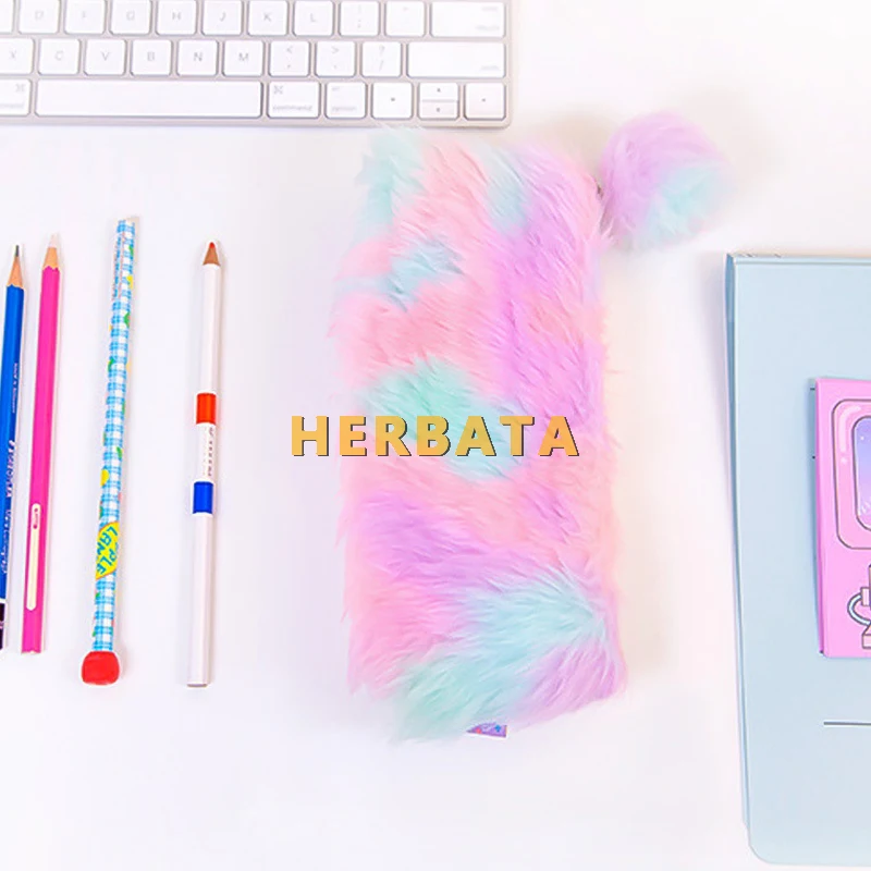 Сумочка для ручек и карандашей с радужным помпоном девочек милый плюшевый