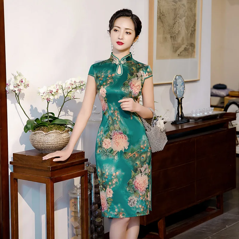 4XL большой размер женское элегантное платье Ципао с зеленым цветочным принтом