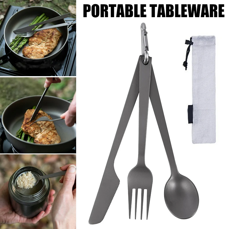 

3 in 1 Titanium Tableware Set Spoon Dinner Cutter Fork Camping Picnic Home Kitchen Bar Supplies BV789