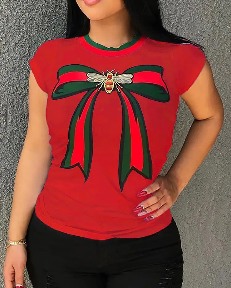 

Women Summer Elegant Oversize Bowknot Striped Print Short Sleeve T-shirt