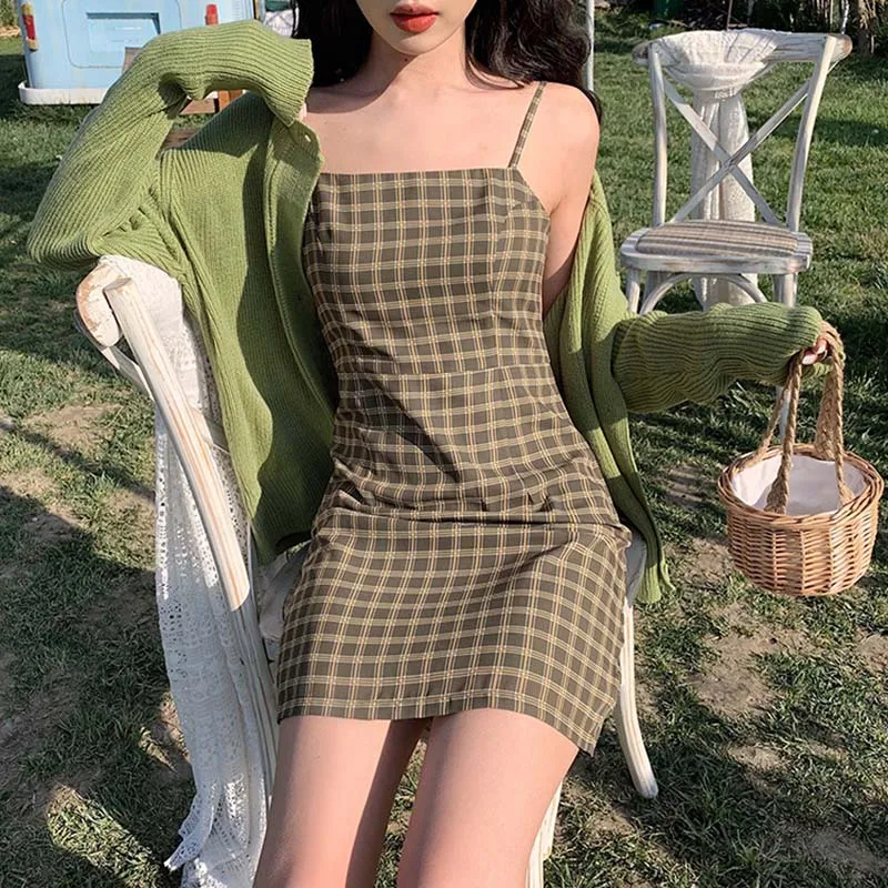 

Spring Summer 2021 new style versatile avocado fruit green retro plaid dress short women plaid dress