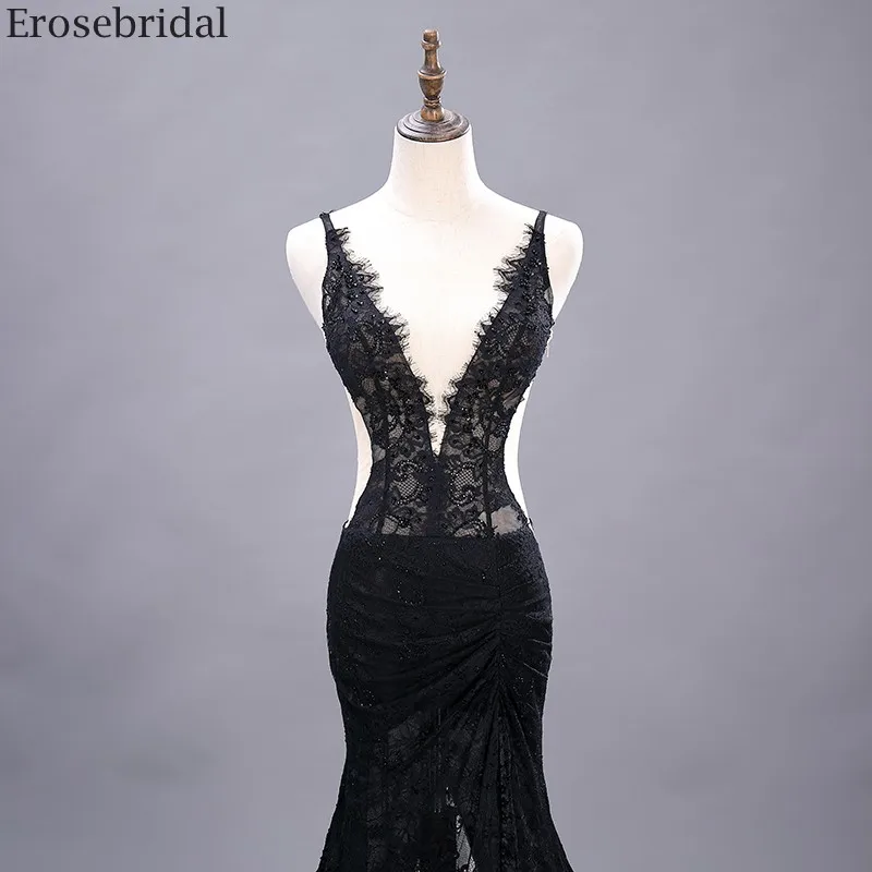 Женское просвечивающее платье Русалка Erosebridal Черное длинное кружевное вечернее