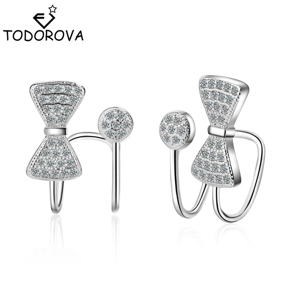 Серьги банты Todorova в Корейском стиле с кристаллами циркония Ушная клипса без