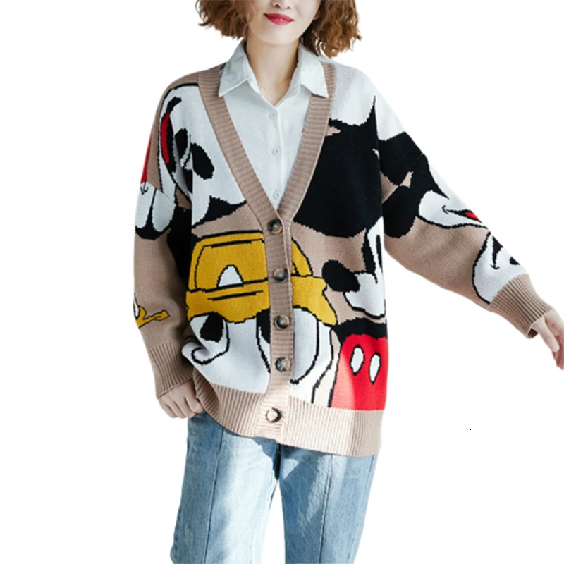 2019 Autumn Women's Large Size Cardigan Coat Literary Bat Sleeve Sweater Mickey Contrast Color Loose Thick |