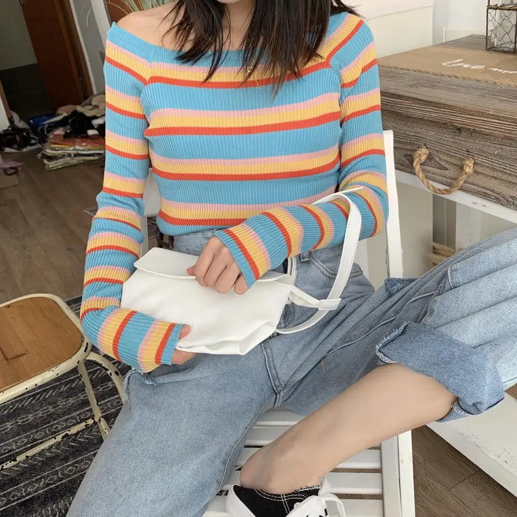 

Women Slash Neck Sweater Pullover Girls Knitted Off-shoulder Stretchy Striped Sweaters Pullovers Tops Female FL1462