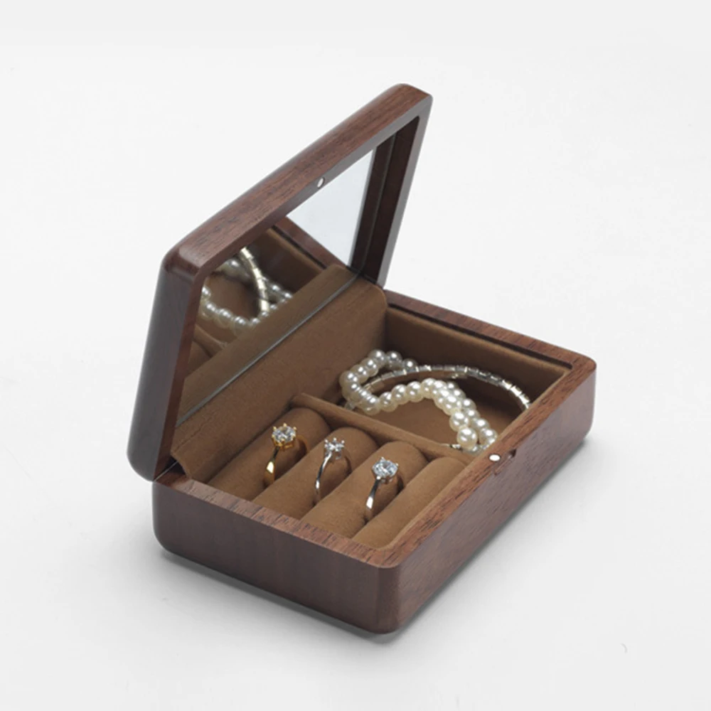 Тревел ретро деревянная коробка для ювелирных изделий, упаковка для свадебного кольца, ожерелья, браслета, органайзер для женщин и мужчин, дисплейная коробка, подарок для пары.