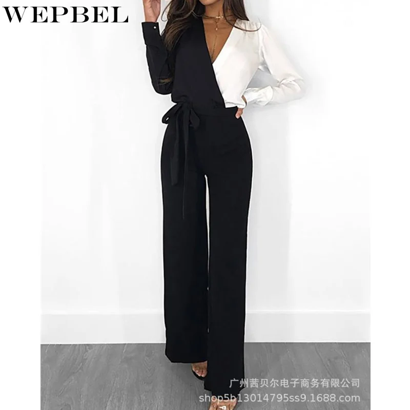 

WEPBEL Women's Elegant Patchwork Jumpsuit Ladies Sexy Fashion Long Sleeve V Neck High Waist Lace Up Wide Leg Trousers Romper