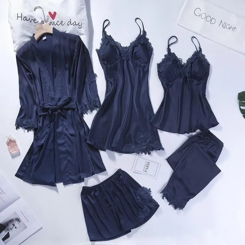 Spring Summer Women Pajamas Set Soft Faux Silk Satin 5PCS Loungewear Trouser SuitSexy Patchwork Lace Sleepwear Wedding Robe Set