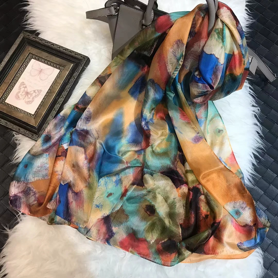Fashion 100% Silk Scarf Ladies Pink Green Scarves BufandasSummer Beach Shawls Foulard Fall Winter Brand Long Neck Hijabs |