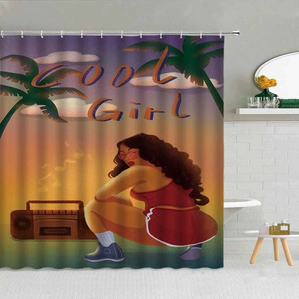 

African Folk Customs Shower Curtain American Woman Flower Cool Girl Bathroom Decor Accessories Waterproof Fabric Hooks Curtains