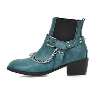 women teal ankle booties metal chain round toe chunky heel elastic cloth shoes slip on rivet medium heel high end shoes fashion