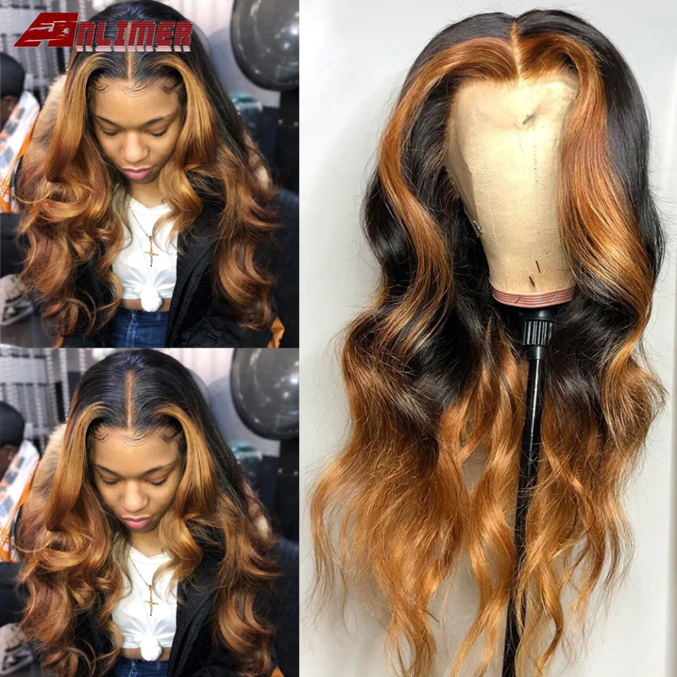 

13x6x1 #1b/27 Highlight Colored Human Hair Wigs Pre Plucked Ombre Remy Lace Front Human Hair Wigs Body Wave T Part Wig Anlimer