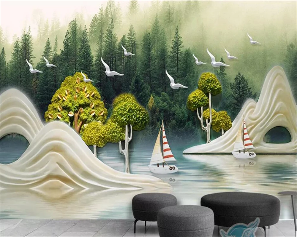 

Однотонные 3D-обои beibehnag на заказ, фотообои с рельефным изображением озерсветильник гор, птицы, парусника, дивана, настенная роспись, фотообои