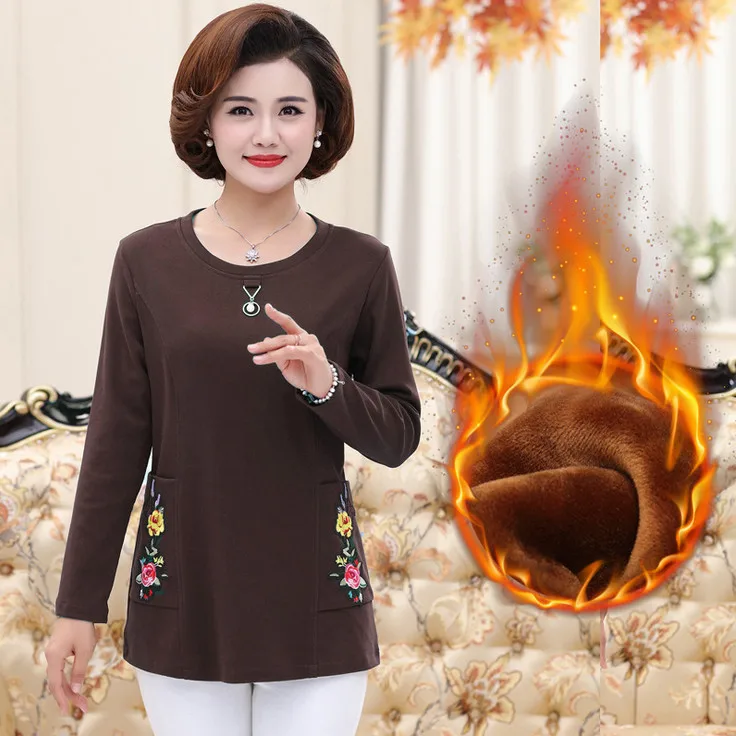 warm tops fall winter women thick long sleeves t-shirts velvet jersey plus size middle age mother shirt pulloves bottoming shirt - Цвет: velvet brown  8291