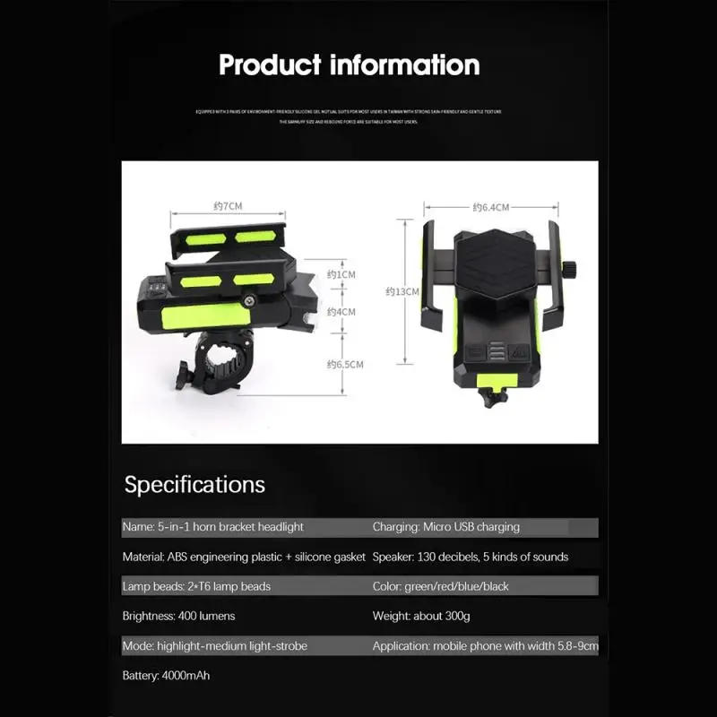 

Road Bike Headlamp Phone Holder Stand Horn Bicycle Accessories Riding Flashlight Waterproof Front Light MTB Travel Equipment