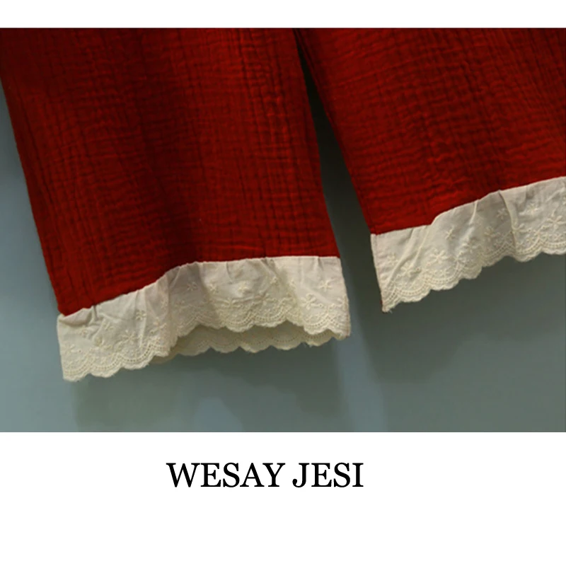 

WESAY JESI Women's Pajamas Sleepwear 2pcs Suits Princess Cotton Pajamas Sets O-Neck Ruffle & Tie Decoration Nightgown Homewear