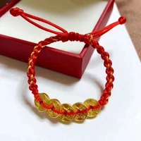 fine pure 24kt yellow gold 5pcs coin bead with red cord bracelet from 16cm to 20cm best gift