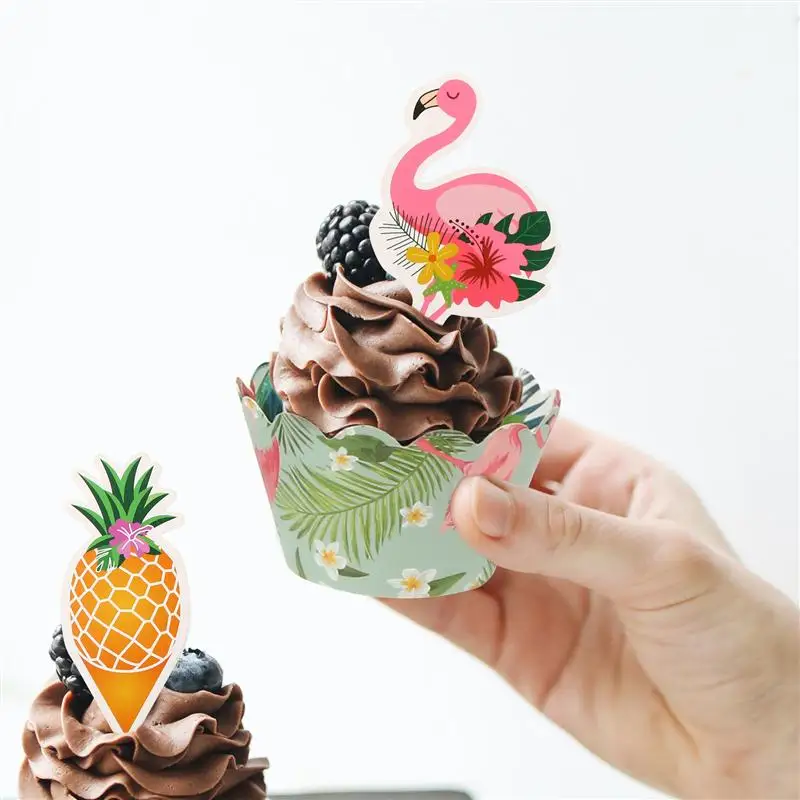 

48pcs Delicate Hawaiian Party Cake Wrappers Paper Cupcake Toppers Ornaments