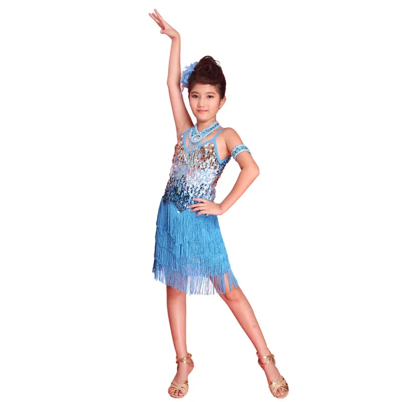 

Kid Latin Dance Dress Samba Carnival Bellydance Costume Exotic Dancewear Tassel Chain Sequin Dot Dress Bubble Dress W1