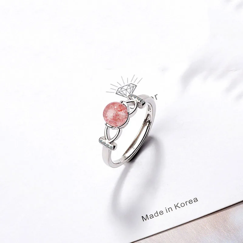 MEETSOFT 925 Silver Opening Ring For Women Simple Adjustable Strawberry Quartz Circle Crystal Jewelry Gift | Украшения и