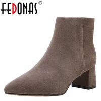 fedonas classic office casual autumn winter women ankle boots cow suede pointed toe fashion concise high heels zip shoes woman