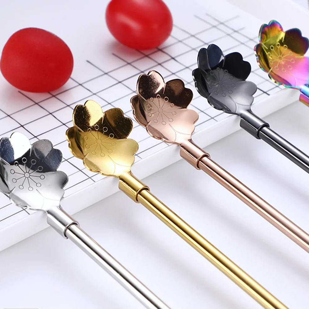 

5pcs 304 Stainless Steel Straw Spoon Flower Straw Spoon Milk Tea Long Handle Stirrer Bartender Spoon Tool Supplies
