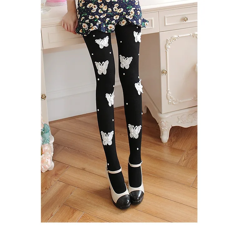 Autumn Winter Pantyhose Women Sweet Princess Embroidered Nails Beads Stockings Sexy Black Transparent Arbitrary Shearing Tights