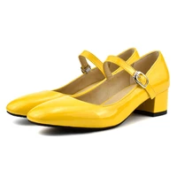 mary jane shoes for women medium heels pumps block heel shoes woman round toe patent leather dress office ladies shoes yellow