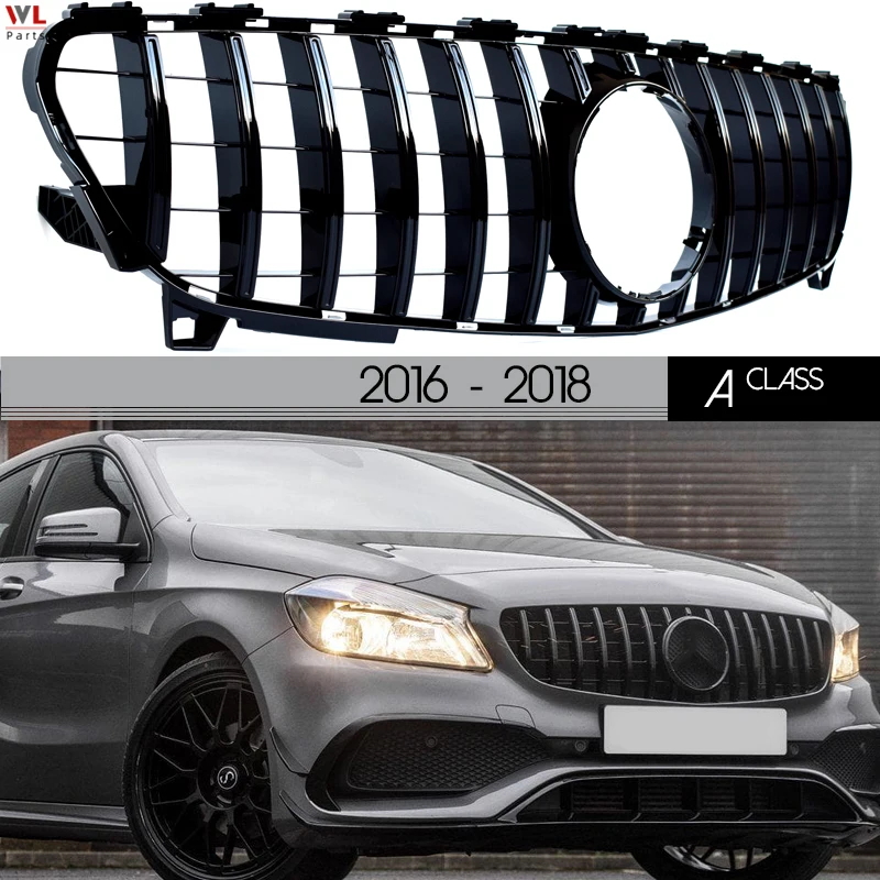 W176 Grill, Black & Silver ABS Front Radiator Grille for Mercedes Benz A Class 5-Door Hatchback W176 2016 - 2018 A180 A200 A250