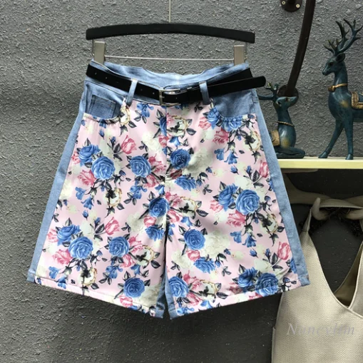 

Floral Chiffon Stitching Denim Shorts Women's 2021 Summer New High Waist Wide Leg Hot Pants Short Femme Nancylim