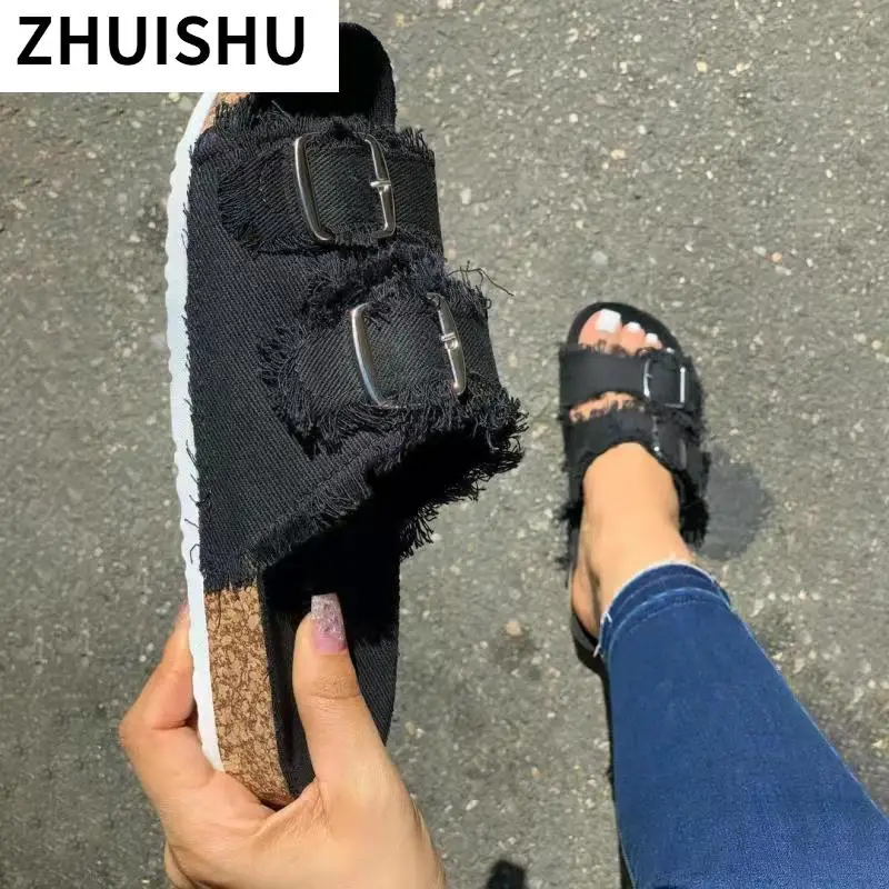 

Summer Women Slippers Fashion Open Toe Purple Canvas Metal Buckle Flat Slippers Comfortable Women Beach Shoes Soft Sole Sandals