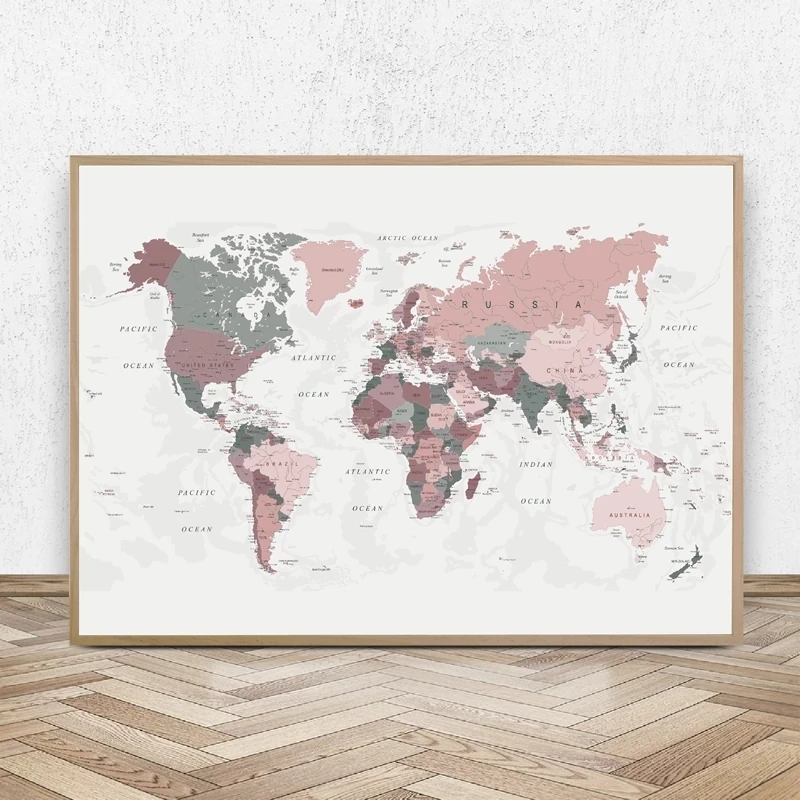 

Vintage world map canvas painting and poster, pink green world map modern wall art picture for home living room decoration